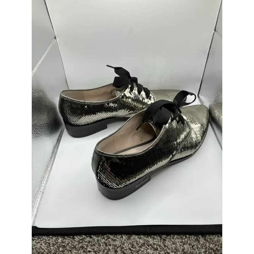 Louise et Cie Lo-Adwin Sequin Oxford Flats Women 8M Silver Gunmetal Lace Up